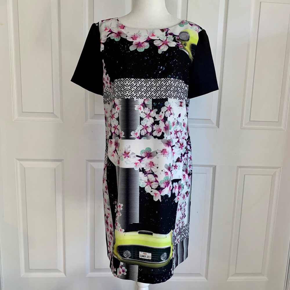 Pinko Black Floral and Car Graphic Shift Dress